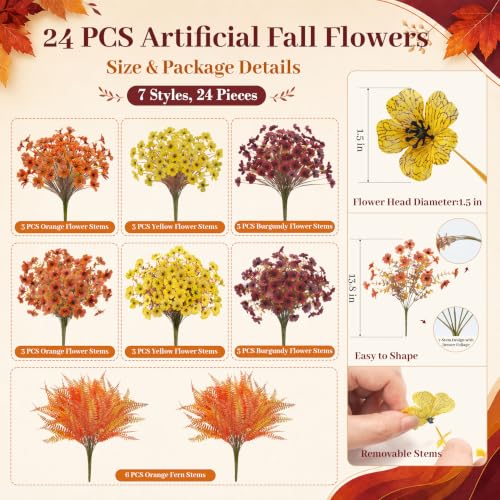 Fall Bright Orange Artificial Flowers - 24Pcs Fall Mums & Ferns for Outdoor Decor