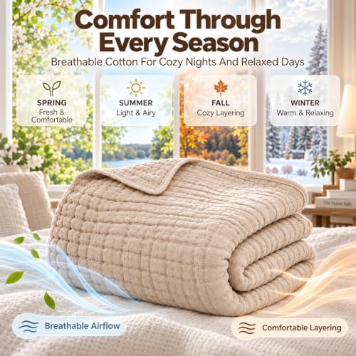 6-Layer Cotton Muslin Blanket - Gray 90x90in, Lightweight & Breathable