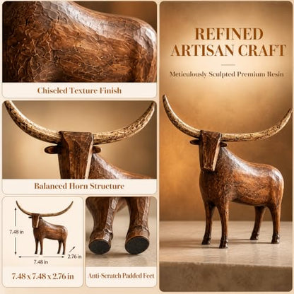 Rustic Longhorn Bull Sculpture - Hand-Carved Farmhouse Animal Figurine
