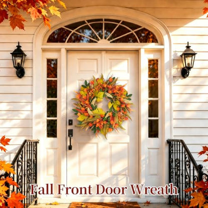 22 Inch Fall Harvest Wreath with Lantern Flowers and Wheat - Front Door Decor