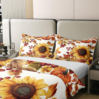 Feelyou Sunflower Duvet Cover Set - 100% Cotton King Size White Yellow & Red Orange Bedding with Zipper Closure
