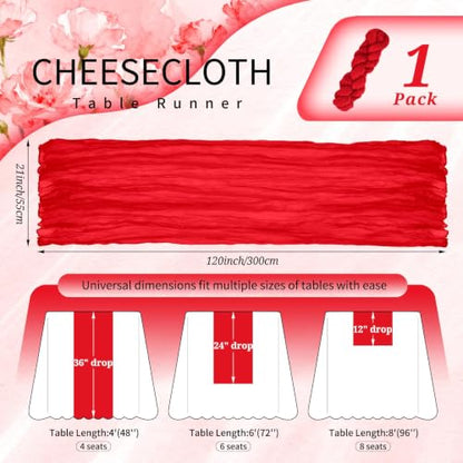 10FT Red Cheesecloth Table Runner for Weddings & Holiday Decor - Rustic Farmhouse Look