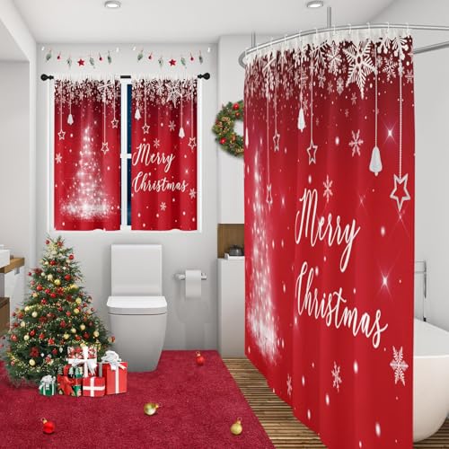 Christmas Red Shower Curtain Set with Window Curtains - 72x72 Inches