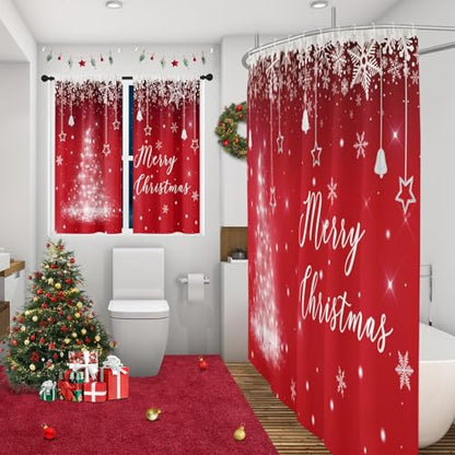 Christmas Red Shower Curtain Set with Window Curtains - 72x72 Inches