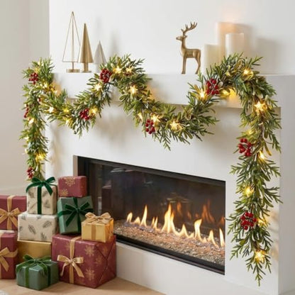 6FT Pre-Lit Christmas Garland with Lights - Battery Operated, Warm White LED, Timer