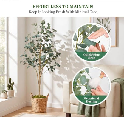 6FT Artificial Eucalyptus Tree with Natural Wood Trunk for Indoor Decor