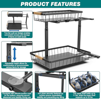 NATURE'S SOURCE Under Sink Organizers and Storage 1 Pack Height Adjustable 2 Tier Pull Out Cabinet Organizer Metal Slide Out Under Bathroom Kitchen Sink Organizers and Storage (Black, 1 pack)