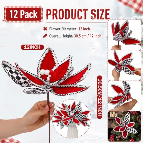 Black Checkered Christmas Poinsettia Artificial Flower Set - 12 Inch