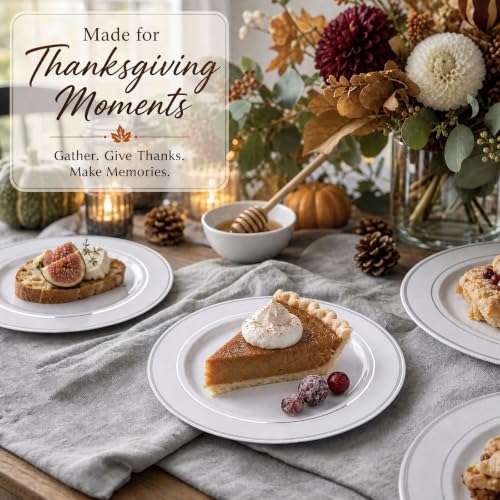 White & Silver Disposable Plates Set for 100 Guests - Heavy Duty Party Dinner & Dessert