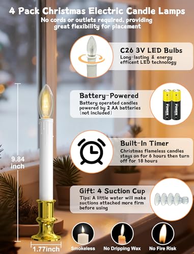 BO-Gold 4 Pack Christmas Window Candle Lamps with Timer & LED Bulbs