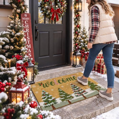 Christmas Welcome Mat 16x30 Inch Non-Slip Faux Coir Front Door Rug with Christmas Tree Pattern