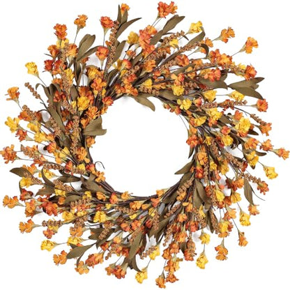 Fall Wreath for Front Door - 24 Inch Handmade Autumn Floral Wreath - Orange Variation