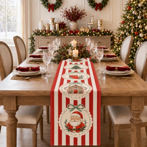 Christmas Table Runner Santa Gingerbread 13x72 Inch - Red Stripe Variation