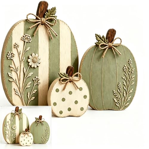 Wooden Pumpkin Decor Set - Rustic Fall Autumn Centerpieces, Sage & Cream