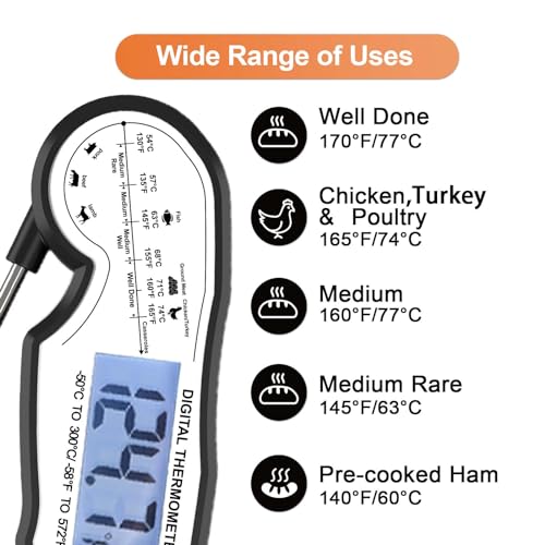 Digital Instant Read Meat Thermometer Digital for Grilling and Cooking - ANDAXIN Waterproof Ultra-Fast Thermometer with Backlight&Calibration&Foldable Probe for Kitchen,Deep Fry,BBQ,Grill-Black/White