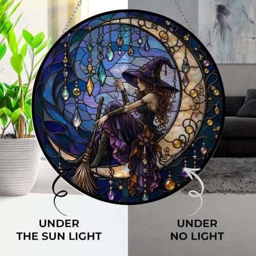 Moonlight Witch Suncatcher Stained Glass Panel 11.8 Inch – UV-Printed Halloween Decor with Frame & Hanging Chain - Variation 1 / 16cm/6.3in