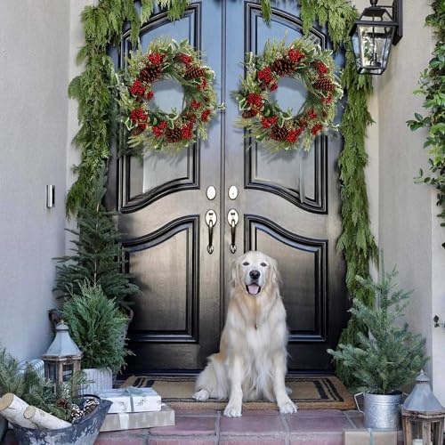 20 Inch Christmas Wreath with Holly Leaves - Artificial Door Holiday Decor