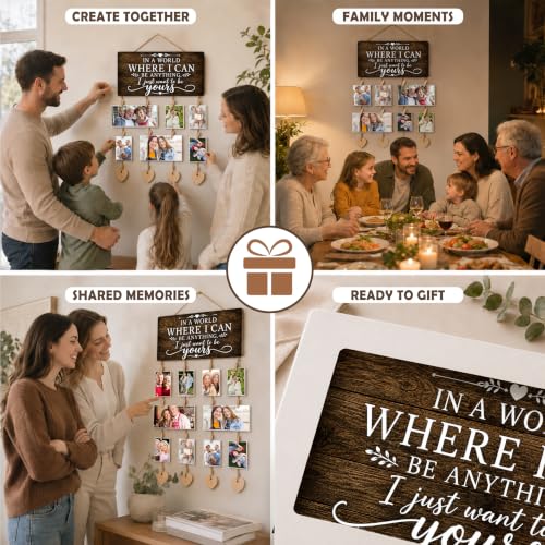 AWSICE Family Photo Frame Display with Clips & Sign Board - Dark Walnut