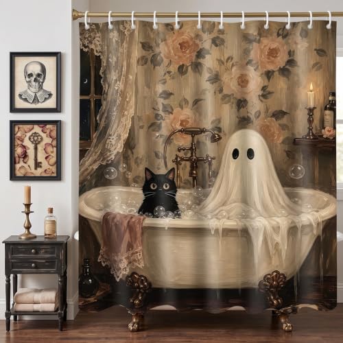Halloween Shower Curtain Black Cat Ghost Bathroom Decor 71x71in