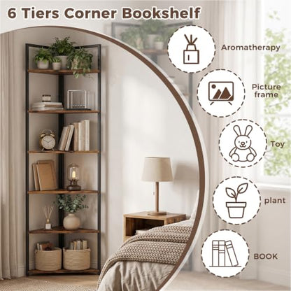 71-Inch Tall Corner Shelf with 6 Metal Tiers, Rustic Brown Storage Unit - Variation of THIS listing