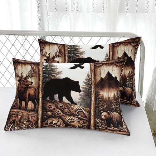 Wildlife Cabin Twin Bedding Set - Microfiber Fitted Sheet & Pillowcases, Black Bear Deer Eagle