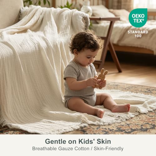 EMME 100% Cotton Muslin Blanket with Tassels - Khaki Queen 80x90 Inches