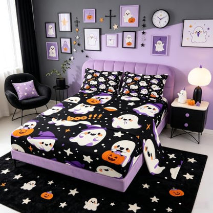 King Size Kids Ghost Bed Sheet Set with Bow Tie Pumpkin Stars Halloween Bedding - Brown
