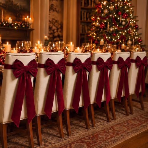 Christmas Velvet Chair Bows Sashes Set - Burgundy, Stylish, 6 Pieces