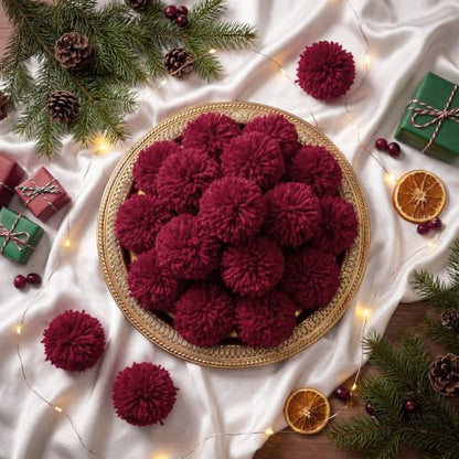 20 Pcs Burgundy Christmas Yarn Pom Poms - Fuzzy Holiday Decorations