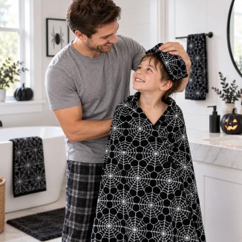 Halloween Cotton Towels Set of 3 with Spider Web Design - Black & White Decor