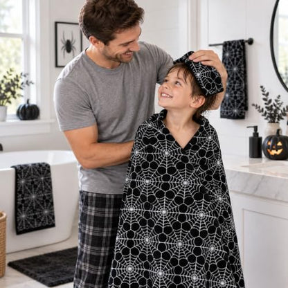 Halloween Cotton Towels Set of 3 with Spider Web Design - Black & White Decor