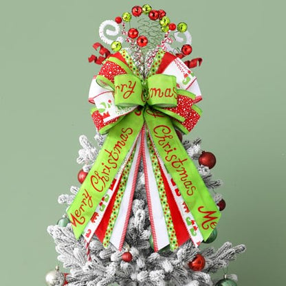 Christmas Tree Topper Bow - Large Red & Green Holiday Decoration, Ball Variation
