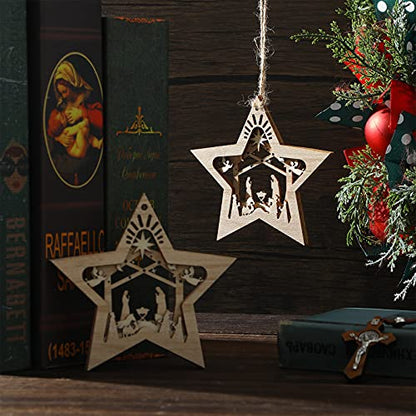 Christmas Nativity Scene Wooden Ornaments Set - Star Shaped, 12 Pieces