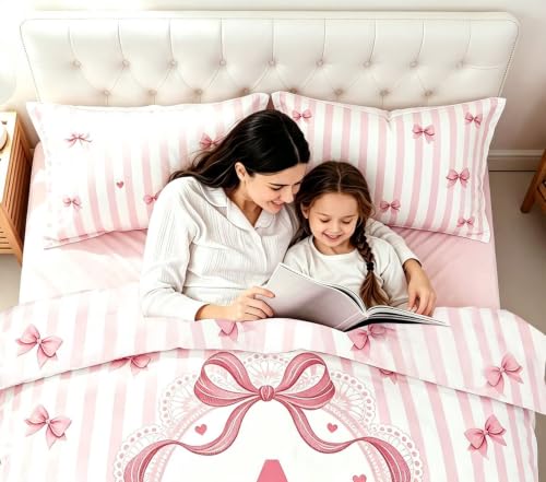 Pink Duvet Cover Set for Girls Teens Bow Initial Queen Size - Soft & Durable Bedding