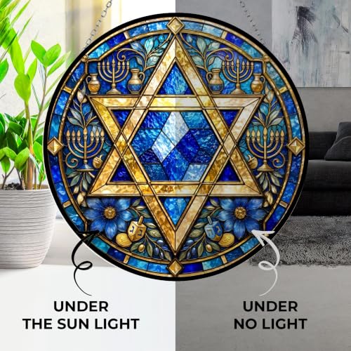 Star of David Hanukkah Suncatcher - Stained Glass Panel 11.8" - UV-Printed, Vibrant Decor