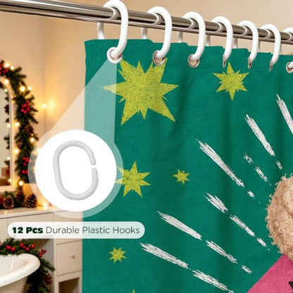 Pink Christmas Shower Curtain Set with 12 Hooks - 72x72 Inch, Teal Santa Quote