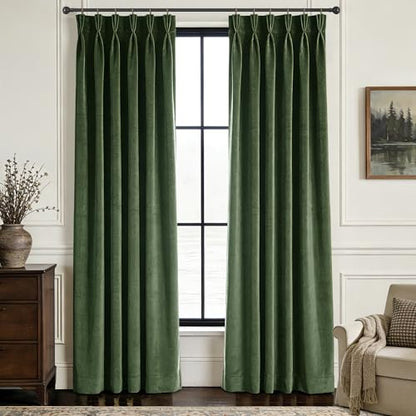 Olive Green Velvet Curtain Panels 84 Inch Long Pinch Pleated 2 Pack