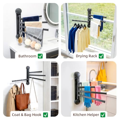 Homey Art Suction Cup Towel Rack No Drill Swivel Wall Mount Holder - Gun Grey