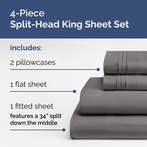 Flex Top Split Head King Sheet Set - Comfy Cooling Bed Sheets for Luxury Sleep | Deep Pockets, Dark Grey