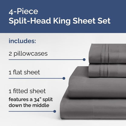 Flex Top Split Head King Sheet Set - Comfy Cooling Bed Sheets for Luxury Sleep | Deep Pockets, Dark Grey