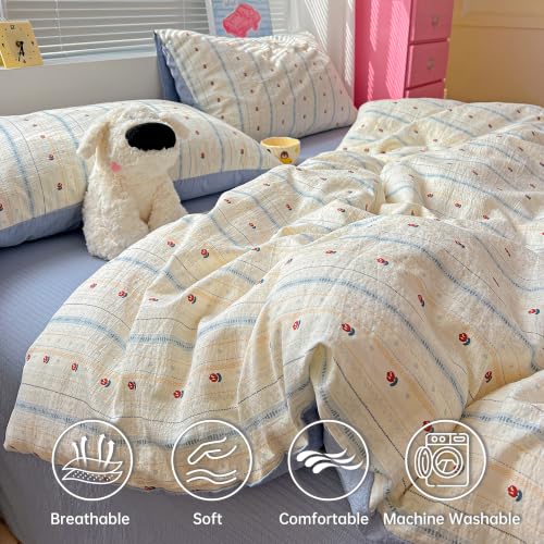 Reversible Blue & White Tulip Floral Duvet Cover Queen Size 90x90 with Pillowcases