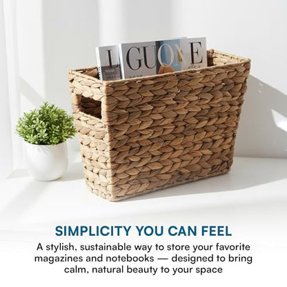 Water Hyacinth Woven Storage Basket for Magazines and Laundry - Natural, 15.5"L x 5.3"W x 10"H - Slim Tapered Design with Iron Frame