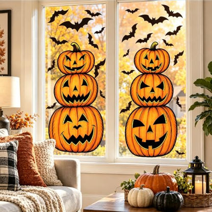 Halloween Window Clings Set - Extra Large Spooky Pumpkin and Bat Designs