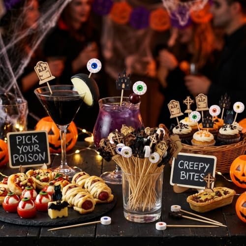 Black Halloween Cocktail Picks 100pcs Eyeball Tombstone Castle Design Party Toothpicks