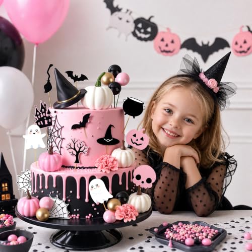 Pink Pumpkin Halloween Cake Topper Set with Hat, Flowers & Bats - 30PCS, Variation: Pumpkin