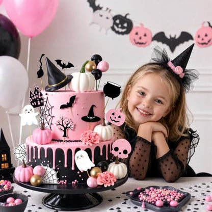 Pink Pumpkin Halloween Cake Topper Set with Hat, Flowers & Bats - 30PCS, Variation: Pumpkin