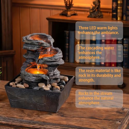Indoor Tabletop Water Fountain with LED Lights, 3-Tier Resin Rock Waterfall