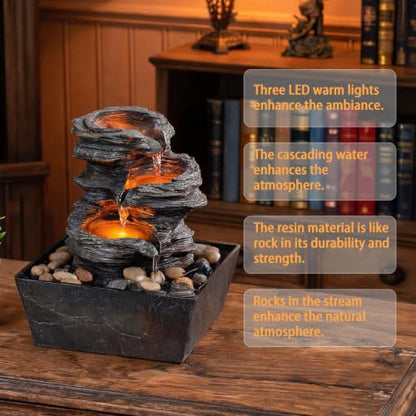 Indoor Tabletop Water Fountain with LED Lights, 3-Tier Resin Rock Waterfall