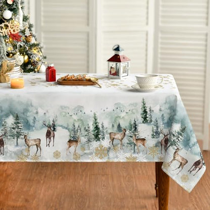 Horaldaily Christmas Tablecloth 52 x 70 Inch Rectangular with Green Snow Deers