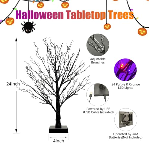 Orange Purple 2-Pack 24-Inch Black Halloween Trees with LED Lights & Timer